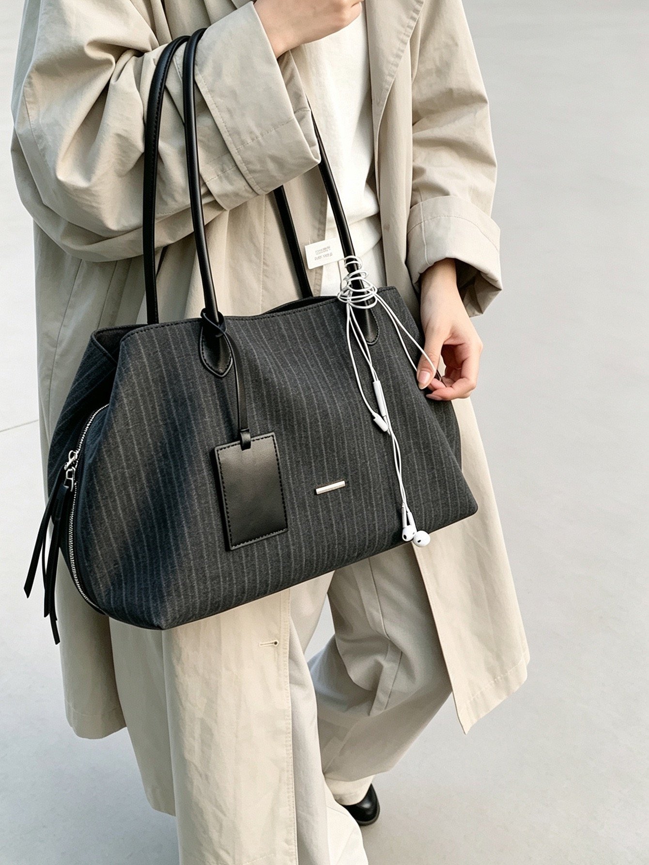 Black Tote Strips - Large (39 x 20 x 25) - Premium Outside Canvas & Inside Polyester - Foto 6
