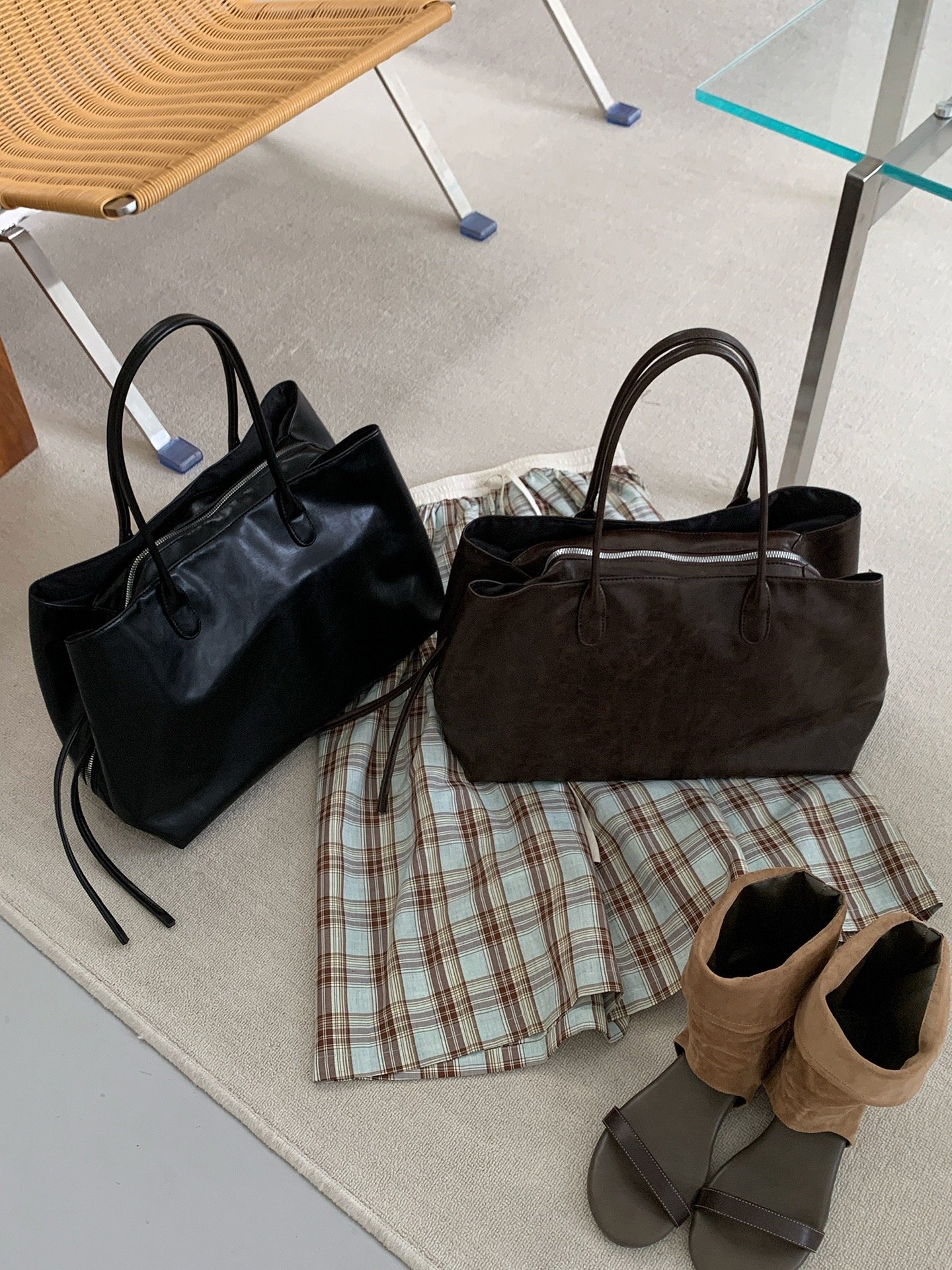 Tote Premium Leather - Coffee - Large (39 x 20 x 25) - Premium Nylon - Foto 2