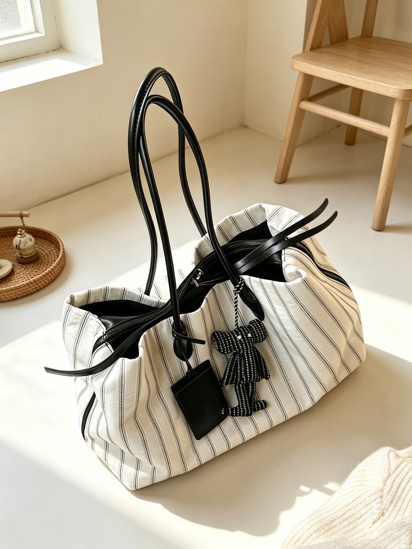 White Tote Strips - Large (39 x 20 x 25) - Premium Outside Canvas & Inside Polyester - Foto 4